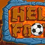 Textul HELL FOOTY scris cu litere mari pe un fundal de lavă încadrat de pietre albastre, cu o minge de fotbal și un craniu deasupra