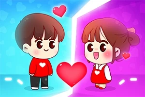 Două personaje animate cu îmbrăcăminte colorată, un băiat în roșu și o fată în rochie roșie, stând față în față pe un fundal albastru și roz cu inimioare deasupra