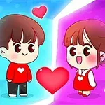 Două personaje animate cu îmbrăcăminte colorată, un băiat în roșu și o fată în rochie roșie, stând față în față pe un fundal albastru și roz cu inimioare deasupra