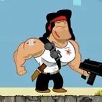 Personaj animat musculos cu o bandană roșie, ținând o armă și purtând tricou alb și pantaloni negri