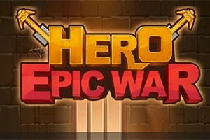 Textul „Hero Epic War” este prezentat cu litere mari și colorate, pe un fundal de piatră