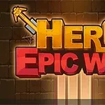 Textul „Hero Epic War” este prezentat cu litere mari și colorate, pe un fundal de piatră
