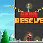 Un cavaler stă în fața unui turn cu titlul „Hero Rescue” deasupra, pe fundal de munți și copaci