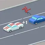 Mașini de diferite culori se întrec pe o șosea, cu un semn de circulație alături și o formă roșie abstractă în fundal