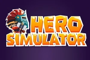 Fundal violet cu text portocaliu „HERO SIMULATOR” și un personaj cu cască de luptător