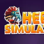 Fundal violet cu text portocaliu „HERO SIMULATOR” și un personaj cu cască de luptător