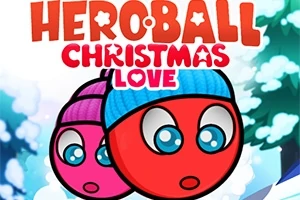 Două personaje rotunde cu chipuri zâmbitoare, purtând căciulițe colorate, pe fundal de iarnă cu textul Hero Ball Christmas Love deasupra