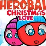 Două personaje rotunde cu chipuri zâmbitoare, purtând căciulițe colorate, pe fundal de iarnă cu textul Hero Ball Christmas Love deasupra
