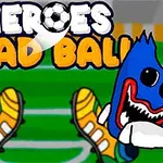 Un personaj animat purtând un costum alb și ghete de fotbal portocalii este alături de un monstru albastru cu dinți mari, pe un fundal de teren de fotbal cu textul „HEROES HEAD BALL” deasupra
