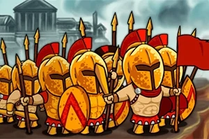 Un grup de războinici antici cu coifuri aurii și scuturi roșii, purtând un steag roșu, în fața unor clădiri de tip templu