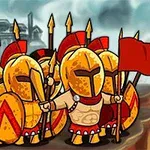 Un grup de războinici antici cu coifuri aurii și scuturi roșii, purtând un steag roșu, în fața unor clădiri de tip templu