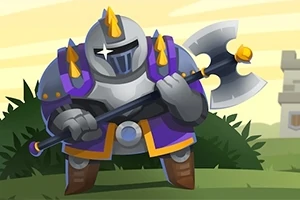 Cavaler în armură violetă și argintie, ținând o secure mare, în fața unui fundal cu desene animate și un turn în depărtare