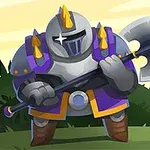 Cavaler în armură violetă și argintie, ținând o secure mare, în fața unui fundal cu desene animate și un turn în depărtare