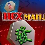 Textul „Hex Mahjong” pe un fundal albastru-roșu cu hexagoane și piese de joc cu simboluri chinezești