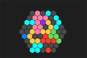 Model format hexagonal colorat pe fundal negru, cu celule pastelate în nuanțe de roz, albastru, galben, roșu și verde