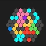 Model format hexagonal colorat pe fundal negru, cu celule pastelate în nuanțe de roz, albastru, galben, roșu și verde