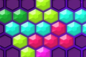 Hexagoane colorate în nuanțe de verde, albastru, roz și violet, aranjate pe un fundal mov
