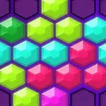 Hexagoane colorate în nuanțe de verde, albastru, roz și violet, aranjate pe un fundal mov