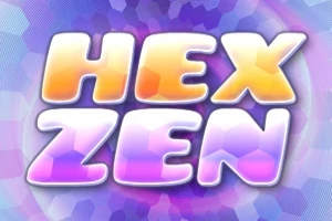 Text colorat „HEX ZEN” pe un fundal cu modele hexagonale în nuanțe de mov și albastru
