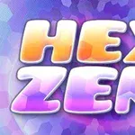 Text colorat „HEX ZEN” pe un fundal cu modele hexagonale în nuanțe de mov și albastru