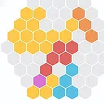 Hexagoane colorate în nuanțe de galben, portocaliu, roșu, roz și albastru aranjate pe un fundal de hexagoane gri deschis