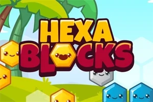 Textul Hexa Blocks este scris cu litere galbene și roșii pe un fundal de peisaj cu palmieri și forme hexagonale colorate cu fețe zâmbitoare