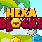 Textul Hexa Blocks este scris cu litere galbene și roșii pe un fundal de peisaj cu palmieri și forme hexagonale colorate cu fețe zâmbitoare