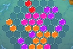 Hexagoane colorate roșii, portocalii, roz și mov dispuse pe o grilă hexagonală albastră
