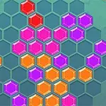 Hexagoane colorate roșii, portocalii, roz și mov dispuse pe o grilă hexagonală albastră