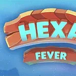 Textul „HEXA FEVER” în culori luminoase pe un fundal albastru cu elemente decorative portocalii