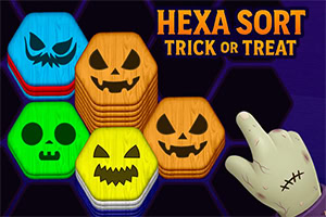 Hexa Sort Trick or Treat Grafică cu forme hexagonale colorate cu fețe de dovleci și un deget zombie pe un fundal negru și albastru