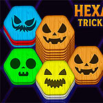 Hexa Sort Trick or Treat Grafică cu forme hexagonale colorate cu fețe de dovleci și un deget zombie pe un fundal negru și albastru