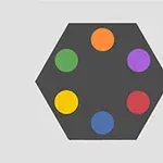 Hexagon negru cu șase cercuri colorate în interior pe un fundal gri
