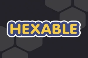 Textul „HEXABLE” în galben cu contur albastru pe un fundal cu modele hexagonale negre