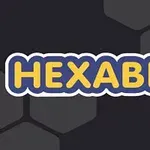 Textul „HEXABLE” în galben cu contur albastru pe un fundal cu modele hexagonale negre