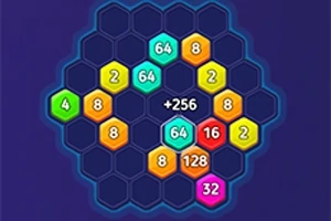 Hexagoane colorate cu numere diferite dispuse pe un fundal albastru închis