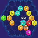 Hexagoane colorate cu numere diferite dispuse pe un fundal albastru închis