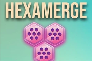 Textul „HEXAMERGE” deasupra a trei hexagoane roz cu puncte negre pe un fundal albastru-verzui