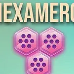 Textul „HEXAMERGE” deasupra a trei hexagoane roz cu puncte negre pe un fundal albastru-verzui