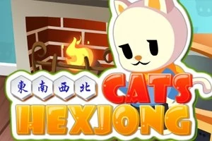 Pisoi desenat lângă un șemineu aprins cu text colorat „Cats Hexjong”