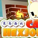 Pisoi desenat lângă un șemineu aprins cu text colorat „Cats Hexjong”