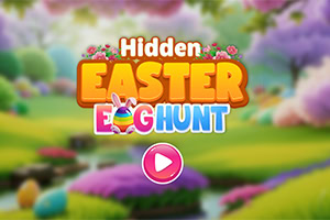 Textul Hidden Easter Egg Hunt este afișat pe un fundal pastelat cu peisaj de primăvară și un buton de redare roz