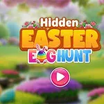 Textul Hidden Easter Egg Hunt este afișat pe un fundal pastelat cu peisaj de primăvară și un buton de redare roz