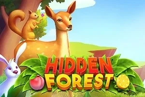 Un cerb, o veveriță și un iepure într-un peisaj de pădure cu fundal albastru deschis și textul HIDDEN FOREST scris pe frunze verzi