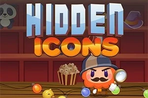 Personaj animat cu lupă și pălărie, în fața unui raft cu obiecte și text stilizat Hidden Icons