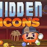 Personaj animat cu lupă și pălărie, în fața unui raft cu obiecte și text stilizat Hidden Icons