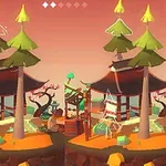 Ilustrație cu o scenă stilizată, care prezintă un pavilion tradițional, doi brazi și un peisaj cu arbori și elemente decorative pe un fundal portocaliu