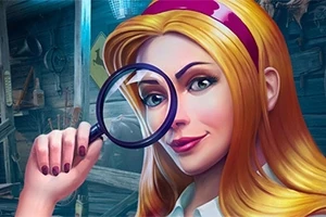 Personaj feminin cu păr blond ținând o lupă, zâmbind, cu un fundal de atelier