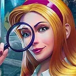 Personaj feminin cu păr blond ținând o lupă, zâmbind, cu un fundal de atelier