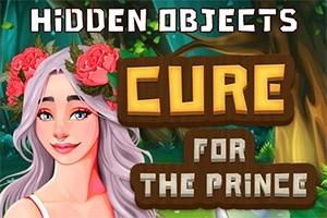 O femeie cu păr lung și flori în păr, zâmbitoare, în fața unui decor de pădure, cu textul Hidden Objects: Cure for the Prince deasupra